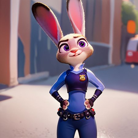 score_9, score_8_up, score_7_up, score_6_up, score_5_up, score_4_up, 1girl, Ju_dy, rabbit ears, police uniform, hands on hips, on a street, satisfied look