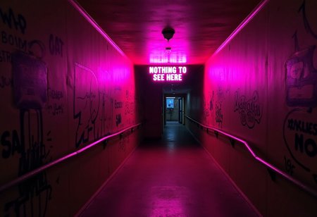 A dimly lit hallway with a vibrant pink neon sign that reads 'NOTHING TO SEE HERE'. The walls are adorned with various graffiti-style writings and designs,  The hallway is flanked by two handrails on either side, leading to a door at the end. The floor appears to be made of concrete, and there's a slight reflection of the neon light on it.
