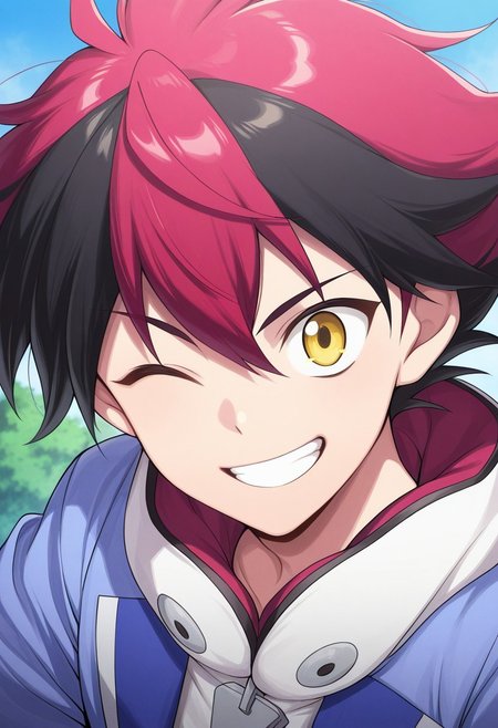 masterpiece,best quality,amazing quality, source_anime,
hiroryuga, 1boy, male focus, solo, yellow eyes, one eye closed, multicolored hair, red hair, black hair, hoodie, white hoodie, hood, jacket, blue jacket, open jacket, smile, grin, outdoor, portrait,