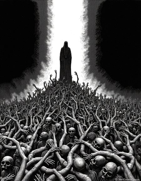 dorestyle This illustration, reminiscent of Gustave Doré's style, depicts a dramatic and eerie scene where a robed figure stands illuminated above a chaotic mass of skeletons rising from the ground. The composition draws the viewer's eye upward through the dynamic poses of the skeletons, who seem to reach toward the central figure, emphasizing a theme of resurrection or awakening. The use of chiaroscuro, with stark contrasts between light and shadow, enhances the sense of depth and movement, creating a hauntingly evocative atmosphere that combines the macabre with the sublime.<lora:gustavedore:1>