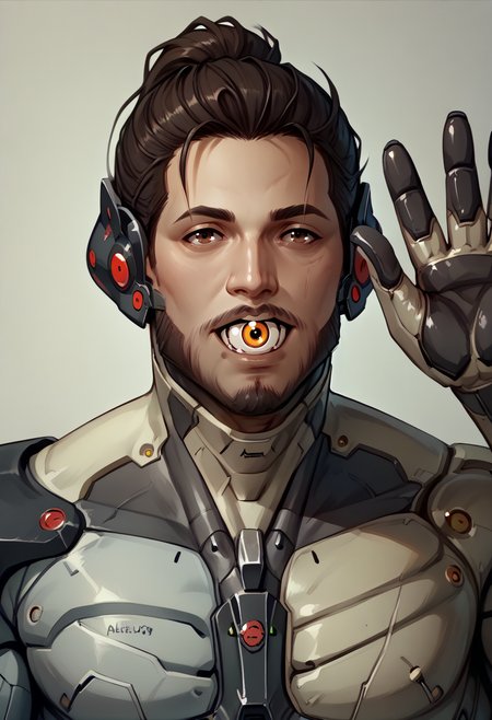 score_9, score_8_up, <lora:NSEyenom:1> NSEyenom, open mouth, eye in mouth, 1boy,  <lora:JetstreamSam_XLPD:0.7> JetstreamSam, cyborg, bodysuit, headgear, beard, looking at the viewer, eyes in background, staring, facing viewer, happy, waving