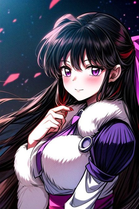 masterpiece,  best quality 1girl Setsun4 solo long hair,  (night time) forest background black hair very long hair purple eyes multicolored hair armor (fur trim) (medium body),<lora:EMS-179-EMS:0.800000>,<lora:EMS-293862-EMS:0.800000> bow, hair_bow, hair_tubes, red_bow, brown_hair, long_hair, bangs, sidelocks, ascot, brown_eyes, frilled_bow, yellow_ascot, blush, smile, hair_between_eyes