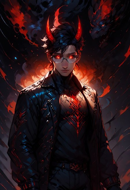 ((score_9, score_8_up, score_7_up,score_9, score_8_up, score_7_up)), (Masculine, Light/tan skin, Toned and 6'5 feet tall:1.4), 24 years old, Handsome face, smile face, perfect face, (((Black hair with neon red highlights))), ((Glowing neon Gold irises)), (Neon Red pupils), (White Sclera), shiny skin, Curley short haircut, ((2 spiral red horns)), (((Demon))), (Large muscle build), gages in ears, Neon tattoos on arms, wild hair, toned hips, ((fit look, large intelligent glasses)), ((Long Blue leather coat, dragon scale coat, black vest, black shirt, black pants)), shiny skin, dark aura, small light, warm lighting, (no nsfw), , stools, cowboy shot, dark dimension, black background, empty space, stars, dynamic action: throwing fists
