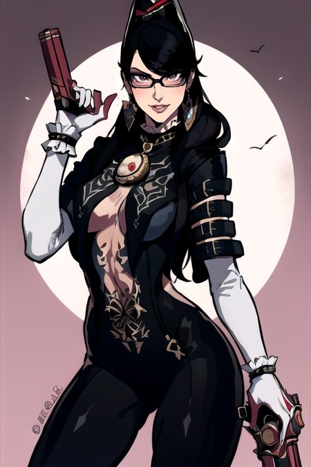 <lora:bayonetta:0.8>, bayonetta2,1girl,solo,long hair,breasts,looking at viewer,smile,black hair,gloves,holding,jewelry,weapon,earrings,glasses,elbow gloves,mole,lips,gun,bodysuit,makeup,lipstick,mole under mouth,handgun,eyeshadow,amulet,