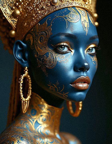 Visualize a photorealistic portrait of a woman with a deep blue complexion, adorned with golden tribal patterns that wrap around her face, neck, and shoulders. These patterns are meticulously detailed, with swirls, dots, and lines that accentuate her features and evoke a sense of ancient ceremonial art. Her lips are a rich metallic color that complements the golden motifs on her skin. She wears an opulent headdress with small golden ornaments that dangle around her face, and her large gold hoop earrings add balance to her ensemble. Her eyes are highlighted with gold eye shadow, and her lashes are long and curled, enhancing her mystical appearance. The lighting is soft but focused, highlighting the golden textures and lending a photorealistic quality to the blue of her skin. This image captures a fusion of cultural heritage and futuristic style, creating a timeless, ethereal beauty.

Visual Aesthetics for Enhanced Photorealism:
Highly reflective metallic gold textures.
