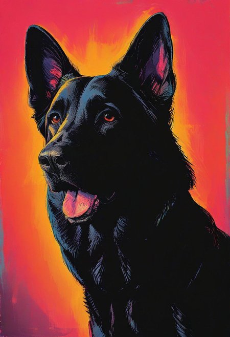impactful color paint of, a german shepherd dog wearing dark sunglasses, highly detailed, vibrant colors , 8k, sharp, professional, clear, high contrast, high saturated, , vivid deep blacks, crystal clear