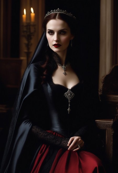(((beautiful, high quality))), full Body, score_9, score_8_up, score_7_up, 
The vampire female was born long ago, in a time when magic flowed freely through the world and the undead were revered as powerful beings. She was born into a noble family, and her beauty and intelligence quickly made her the envy of all who knew her, beautiful, elegant, sexual, sexy, (inside grand hall, well lit), 
wealth, influence, and power.
The vampire female quickly rose to prominence in her city, using her charm and cunning to manipulate those around her. fortune, grand estate, solitary figure, wealth, wise and powerful figure, feared and respected, control her bloodlust, feeding only on those who deserved to die or those who willingly offered themselves to her.
vampire female, beautiful and elegant, dressing in the finest silks and jewels, grace, envy, beauty, dark, brooding soul, 
Vampire, VtmArt, 0cmtr1g, 0cm, 0cm1sc, 4rch, Expressiveh, pale skin, bloodless skin, red lips, pale, red gown, regal clothes, reduced lighting by 10%,
dungeons and dragons, modelshoot style, Intricate, High Detail, Sharp focus, dramatic, (extremely detailed CG unity 8k wallpaper), human vampire, medieval era, painting by Ed Blinkey, Atey Ghailan, by Jeremy Mann, Greg Manchess, Antonio Moro, trending on ArtStation, trending on CGSociety, Intricate, High Detail, Sharp focus, dramatic, painting art by midjourney and greg rutkowski, illustrated, brushwork attire.