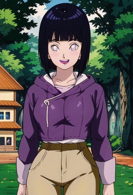 score_9, score_8_up, score_7_up, source_anime,anime screencap,anime coloring,intricate details,masterpiece,
uncensored,
mature female,
hinata, black hair, 1girl, short hair, large breasts, bangs, blunt bangs,white eyes,no pupils, large breasts, 
hoodie,long sleeves,jacket,purple jacket,hood down,layered sleeves,short over long sleeves,white shirt,beige shorts,
open mouth, 
smile,looking at viewer,
perfect anatomy,
scenery,outdoors, east asian architecture, forest,
<lora:Hinata Boruto:0.9> retro artstyle, 90s dbz style, style dragon ball girl,