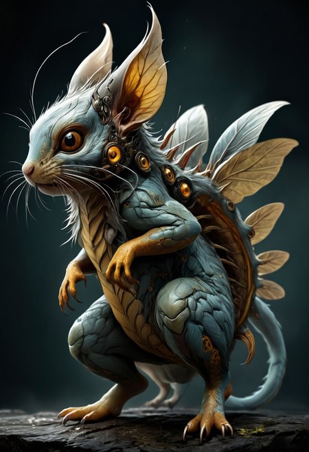 Create a stunning and highly detailed concept art of a hybrid creature inspired by a flying squirrel and centipede. Use cinematic colors and dynamic lighting to showcase the creature in a dramatic and visually striking manner. Incorporate subtle muted tones and precise anatomy to bring out the aesthetic appeal of the creature. Make use of digital painting techniques and render the artwork in a cinematic atmosphere. Aim for an epic and awe-inspiring portrayal of this unique hybrid creature.