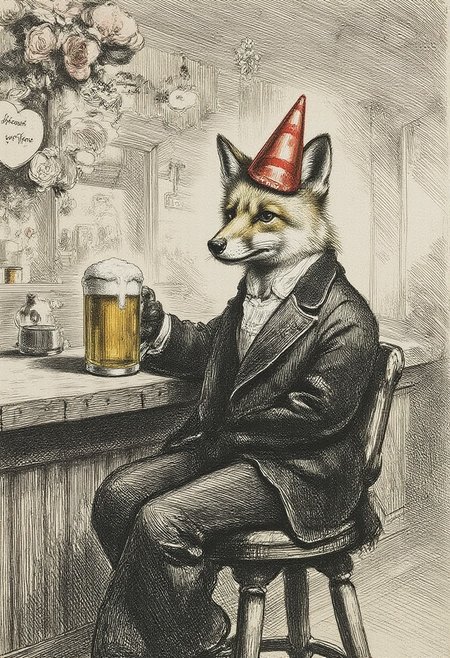 rembr1 etching, a fox wearing a suit and a cone-shaped party hat sits on a bar stool holding a mug full of beer. The background is a cozy pub decorated for Valentines day