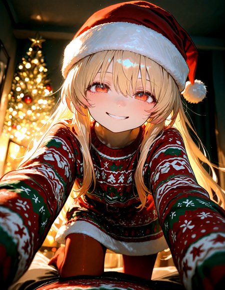 Christmas, dress, red pantyhose ,santa_hat ,Christmas sweater,
1girl, solo,  lily_white , soft lighting, smile, looking at viewer, pov,
masterpiece, best quality, amazing quality, very aesthetic, absurdres,  newest, (volumetric lighting),
<lora:world_christmassweater:0.5>,<lora:cfg_scale_boost:0.5>, <lora:ponyv5_noobE11_1_adamW:0.5>, <lora:illustrious_noobai_epsilon_pred_1_best_quality_v1:0.5> ,<lora:illustrious_noobai_epsilon_pred_1_masterpieces_v1:0.5> ,<lora:illustrious_noobai_epsilon_pred_11_very_aesthetic_v1:0.5>