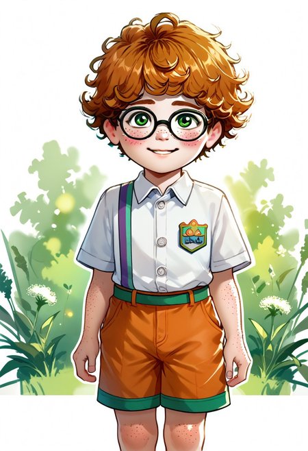 DarirStyle
score_9, score_8_up, score_7_up, highly detailed, cute boy, 1boy, solo, young, polo shirt, shorts, nerdy boy, glasses, freckles, curly hair, ginger hair, green eyes, shy smile, blushing, AHR