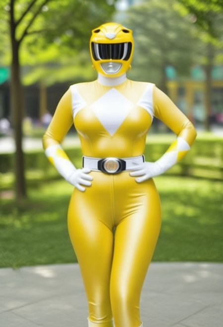 female yellow-power-ranger, alone, morphed, helmet, morphed, helmet, yellow catsuit, white gloves belt boots holster, standing square-on, in urban park, arms down by sides, full body photo, very-large-breasts, enormous-breasts, hyperdetailed photography