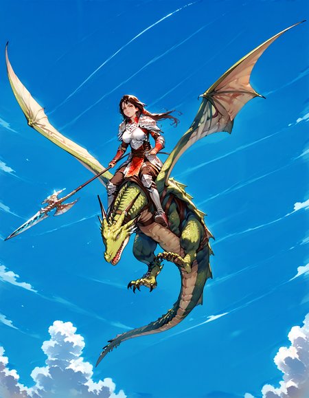 score_9,score_8_up,score_7_up,masterpiece,zPDXL3,<lora:Pony_DetailV2.0:1>,sky BREAK 1girl,1other,large breasts,
BREAK wyvern rider,dragon riding,knight,green dragon,polearm,holding polearm,holding weapon,flying,breastplate,<lora:wyvern rider-pony-v35:1>,fighting stance,charging forward,