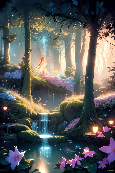 ( detailed realistic background:1),
( official art, beautiful and aesthetic:1 ),
realistic lighting,
cinematic lighting,
hyperrealism,
soothing tones,
muted colors,
high contrast,
soft light,
sharp,
artistic photoshoot,
<lora:FeyAndFairies-11:0.8>FeyFa, , forest, trees, middle, path, waterfall, through, background, stream, flowers, lights, running, in the foreground stands a fairy in front of her fairy house, light,( cute, petite ),
slender,
european,
pale cheeks,
square face shape with angular jaw,
natural "no-makeup" makeup,
big breasts,
,
ginger hair ,
ladder braid hairstyle  ,wearing a see-through gossamer fairy short dress,
night time, darkness,