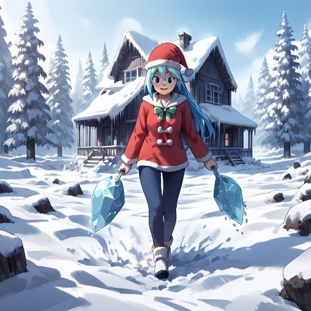 best quality, highres, high resolution, score_9, score_8_up, score_7_up, score_6_up, score_5_up, score_4_up, 1 female, aqua is wearing Santa outfit, her outfit is made of snow crystals,  (Aqua_(Konosuba):1), fr0stwrld, snow, ice, <lora:Fr0stWrld-v10:1.2> , <lora:Aqua Pony:1> ,full body, front yard of a house in snow forest, snow background, standing , anime pose, trickster face