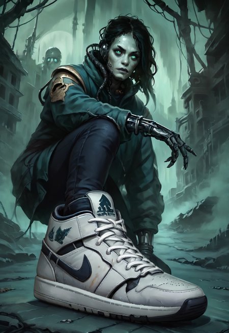 safe_pos, score_9, score_8_up, score_7_up, w4rh4mm3r style oil painting, grimdark, 18 year old female cyborg, eerie horror background, foggy, hud_sh03_sh0w, foreshortening, looking at viewer, sneakers, Nike, wearing cybernetic sneakers, mechanical arms