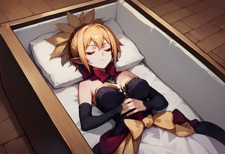 score_9,score_8_up,score_7_up,score_anime,landscape,rozalin,blonde hair,church,deceased_portrait_in_coffin,longcoffin,dutch_angle,1girl,lying,pillow,own hands clasped,breasts,closed_eyes,nsfw,dress lift,