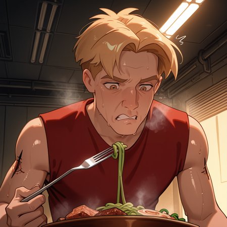 expressive disgusted face, wrinkled nose with sweat drops, pursed lips with a grimace, oversized wide eyes with shock lines, tense jaw, looking down,  from underneath, slightly_below_shoulder_angle:1.3,  low_angle_shot:1.5, 1boy, male focus, Titanae_Cale, Titanae_Cale_blonde_hair, Titanae_Cale_brown_eyes, alien fork:1.4, holding alien fork, green noodles:1.4, alien meat:1.4, wearing Titanae_Cale_red_sleeveless_shirt, Titanae_Cale_right_arm_tattoo, Titanae_Cale_sword_with_thorned_circle_tattoo, shiny skin with neon reflections, tau_14_mess_hall, flickering fluorescent lights, ambient steam rising from food, cinematic depth, masterpiece, absurdres, soft lighting, warm glow, ultra-high quality.
<lora:Titanae_Cale:0.8>, <lora:NoNameStyleVPRED10:0.6> nonamestyle, <lora:Style_4k-data_lora_webui:1>
