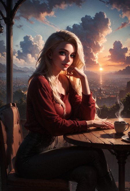 score_9, score_8_up, score_7_up, score_6_up, score_5_up, score_4_up,  1 girl, red shirt, black pants, cafe table, sunrise, blonde hair, straight hair, green eyes, solo, sitting on chair, looking at viewer, dramatic lighting, coffee on table  <lora:sdxl\Concept Art Twilight Style SDXL_LoRA_Pony Diffusion V6 XL:0.8>, concept art, realistic, <lora:sdxl\Expressive_H-000001:0.8>, expressiveH <lora:sdxl\pony_OldAnimeStyle_XL_v3:0.4>, 1990s \(style\), vintage <lora:sdxl\sinfully_stylish_SDXL>