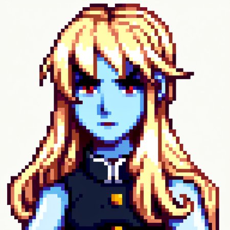 score_9, score_8_up, score_7_up, source_anime, BREAK, solo, 1girl, annoyed, looking at viewer, <lora:Stardew-Valley-Portraits-pdxl_Fp:1>, portrait, simple background, pixel art, white background, <lora:Jedah-pdxl_Fp:0.8>, jedahmb, blue skin, red eyes, blonde hair, long hair, black dress, sleeveless, collared dress,