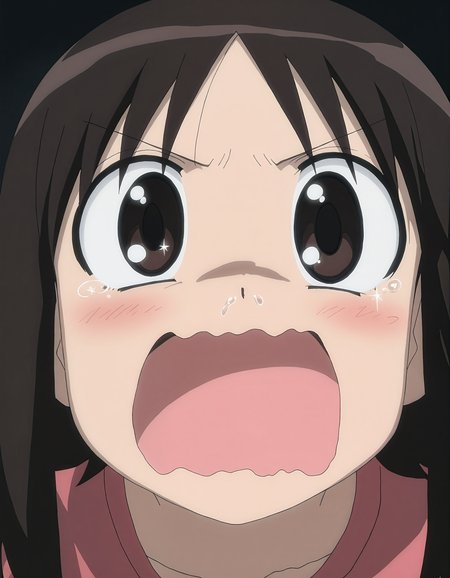 masterpiece, best quality, good quality, newest, highres, absurdres,<lora:Azumanga_style-000013:1>,azumanga_illu, style parody,anime screenshot,azumanga_illu, 1girl, solo, open mouth, brown eyes,Runny Nose ,   brown hair, parody, close-up, black background, sparkle,action_line, looking at viewer,wavy mouth,dynamic pose, depth of field,