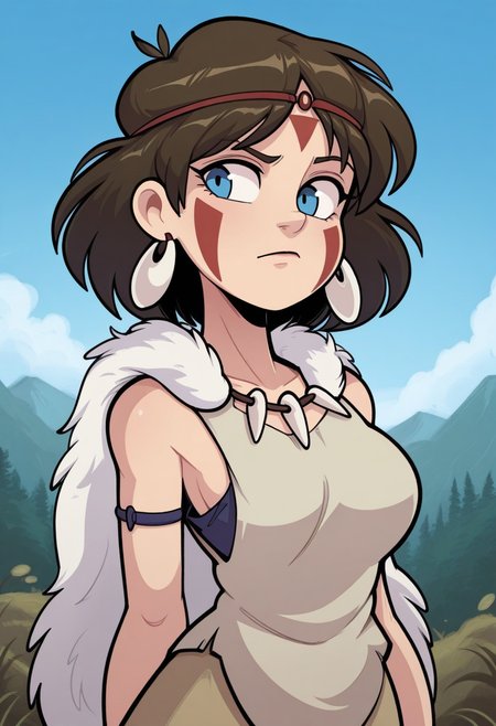 p4n1c3dstyle,   masterpiece, best quality, solo,                                                                                                            princess mononoke, blue eyes,  tribal clothing, wooded area, blue sky, bust shot