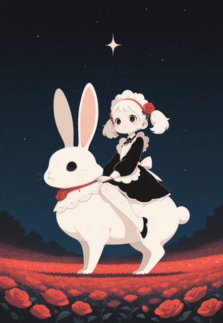 1girl, solo, maid, apron, short black dress, long sleeves, white lace pantyhose, maid headdress, white embroidery, pale skin, red rose ornament on hair, white hair, white eyelashes, white eyebrows, porcelain skin, black eyes, glossy lips, short hair, twintails, cute, side view, bunny, (huge bunny), riding, riding huge bunny, looking at sky, happy, flower field background, night, starry sky
BREAK
masterpiece, best quality, amazing quality, very aesthetic, mesugaki, haiz_ai, no lineart,no outline, HassaKu_illu, anime screencap, anime coloring, re4lity_sync_illu, S4bit4mago_illu, wasabi_natsume_illu, AmdrewXL, digital illustration, Studio Ghibli Dark Fairytale, no lineart,no outline, dark Fairytale, Sinozick_illu, limited palette, 
soft lighting, shadows, soft shadows, shaded, light particles