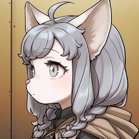 BREAK, <lora:Sheena_Falafel:1>, Sheena Falafel, Fuga: Melodies of Steel, kemono, furry female, young female, 1girl, cat girl, white fur, grey eyes, pastel blue hair, long hair, ahoge, bangs, sidelocks, animal ears, cat ears, animal nose, pink nose, Fuga 1 appearance, twin braids,
BREAK, Fuga 1 Outfit, black dress, brown cloak,
BREAK, solo, face focus, close-up, looking away, side view