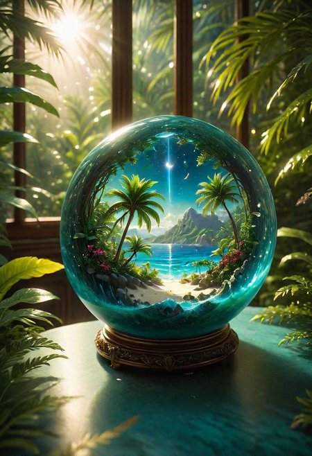 In the night room there is a glass sphere on the table, emitting a soft heavenly glow. Inside, the miniature galaxy is seething with cosmic energy and the galaxy within. Outside, the room's window reveals a tropical panorama: palm trees sway gently, their leaves whisper in the wind; turquoise waters lap against golden shores. The scene combines earthly paradise with cosmic magic, creating a harmonious symphony of natural and celestial beauty.