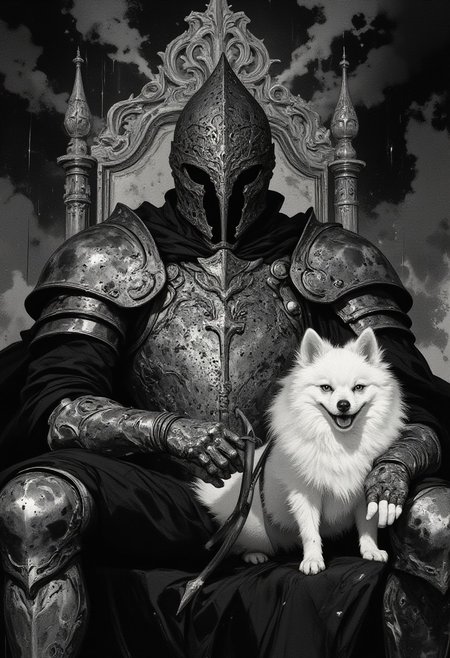 score_9, score_8_up, score_7_up dark theme, Albert Bierstadt style, Gothic-inspired, digital painting, Knight Templar, close-up, seated regally, intricate throne, finely crafted plate armor, etched patterns, swirling vines, sacred crosses, chest plate, shoulder guards, great helm, enigmatic authority, flowing black robe, textured folds, cold polished steel, pure white Pomeranian, silky fur, luminous softness, monochromatic scene, Gothic throne design, carved arches, angular spires, skull motifs, abstract smoky textures, black and gray, shadowy atmospheric depth, light and shadow interplay, knight’s armor, surreal juxtaposition, strength and tenderness, haunting elegance, monochromatic sketch style, power, loyalty, solemnity, medieval tone, contrasting color, visual depth, surrealism, quiet majesty, regal contrast, dynamic light play, ethereal realism.