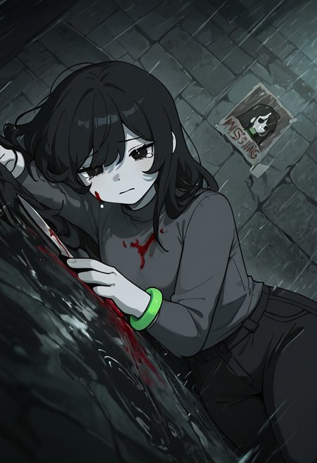 masterpiece, best quality, amazing quality, very aesthetic, absurdres, newest, detailed background, foreground blur, (( cartoon,  )),
charlieemily, 1girl, black hair, long hair, black eyes, dark grey shirt, turtle neck, grey skin, black pants, long sleeves, single green bracelet square hair, square eyes, tears, tears down cheeks, shirt over pants,
laying on ground, puddles, heavy rain, blood on chest, bleeding, would, close up shot, rubbish bags, grey bricks, brick walls, black ground, missing poster, dutch angle, tilted view, knife stab wound,