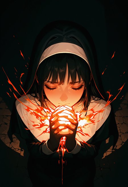 1girl, nun, dark, spotlight, hands in lock, praying, bangs, closed eyes,  fire in hands, (from above:0.8), <lora:ponyv4_noob1_2_adamW:0.9>, (masterpiece, best quality, absurdres, highres, new, very aesthetic:1.4)