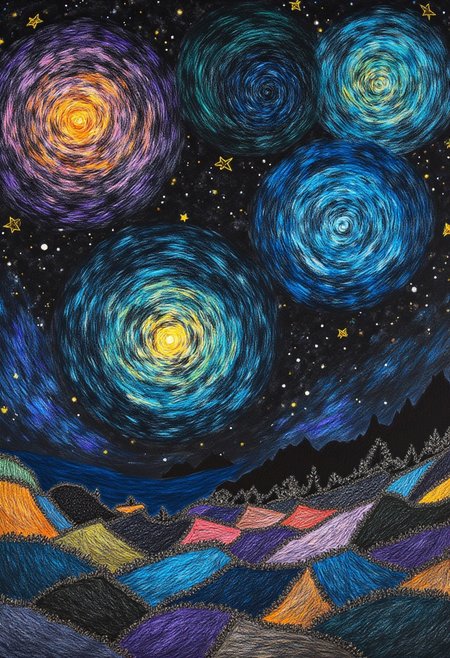 a starry night sky, colorful crayon