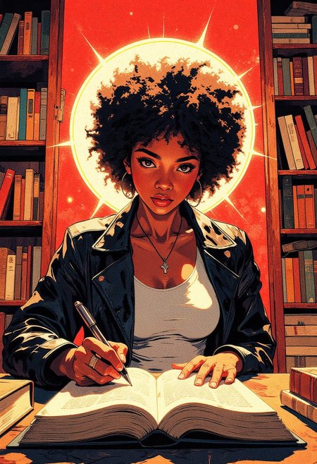 Masterpiece, best quality. wide shot, character is small compared to vast background. Concept art painting, intricate linework with expressive contrasts, golden low-key lighting with warm dynamic highlights. Wide angle shot of a black woman in afro hairdo sitting at a table ready to sign the title page of the book in front of her with a fountain pen. She is wearing a black leather jacket, a white tank top T-shirt. Behind her is a bookcase full of books with colorful spines. Dramatic lighting captures fine details in furniture design, intricate clothing folds, and the opulent state of the location. anime style, vibrant colors, cinematic shot, soft lighting, red background, halo behind women.  The atmosphere is intimate and timeless, rich with warm, earthy tones and soft shadows. hand drawn, illustration, precise geometry, deep focus, detailed background, DB4RZ, DB4RZ style painting, aidmamj6.1