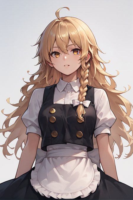 score_9, score_8_up, score_8, score_9, 1 girl,  source_anime, <lora:kirisame_marisa_pony-10:0.8> kirisame marisa, yellow eyes, blonde hair, black vest, black skirt, waist apron, no headwear,  white ribbon, single braid, ahoge,  <lora:Smooth Style 2 SDXL_LoRA_Pony Diffusion V6 XL:0.8>