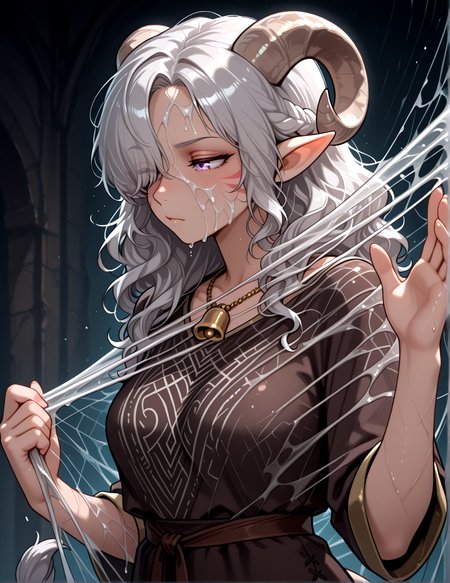 <lora:web_magic:1>  ( (covered_web on clothes,covered_web on face, )),    solo,  , nasty,   from side  ,, masterpiece, best quality,  tiefling, pointy ears, tiefling, silver hair, ivory sheep horn,
<lora:Tiefling_bard_Diana_v2:0.9> red whisker_markings, silver long wavy hair, bell necklace, short pointy ears, purple eyes, tiefling_bard_diana:1.2,   hair over one eye, braid,  
cow tail:1.4,