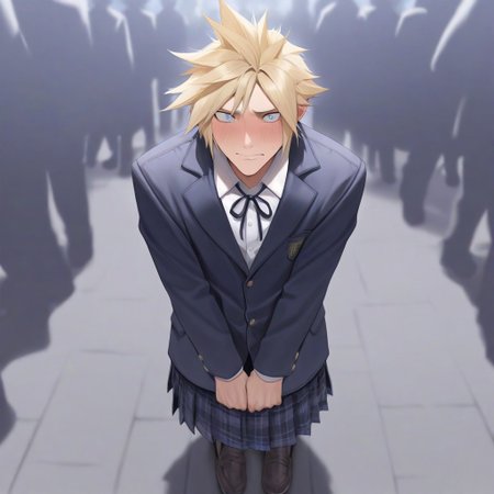 1boy, solo, masterpiece, best quality, amazing quality, very aesthetic, absurdres, newest, intricate details, highres, perfect hands, perfect anatomy, (FFCloud, 1boy, blonde hair, spiked hair, blue eyes, wearing  Jedschu2, school blazer, ribbon tie, plaid skirt, loafers, embarrassed,) crowd, street,