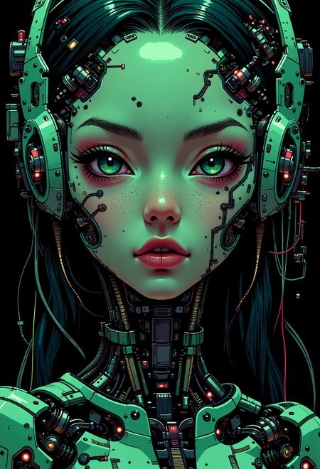 <lora:ck-nc-pastel-cyberpunk:0.9>, A mesmerizing close-up portrait of an alien woman, her striking features blending extraterrestrial elegance with subtle mechanical elements. Her skin has a smooth, otherworldly texture, adorned with small, organic patterns. Her long, wavy hair cascades around her face, but in the Gameboy-style palette of green, white, and black. Mechanical elements are seamlessly integrated into her face and neck—sharp, angular pieces emerge like delicate circuitry. The chiaroscuro-inspired lighting brings deep contrast, with bold shadows enhancing her alien beauty. The black background and limited palette emphasize the alien and mechanical features, while a soft green glow outlines parts of her face and hair, creating a futuristic yet nostalgic visual reminiscent of early handheld gaming
