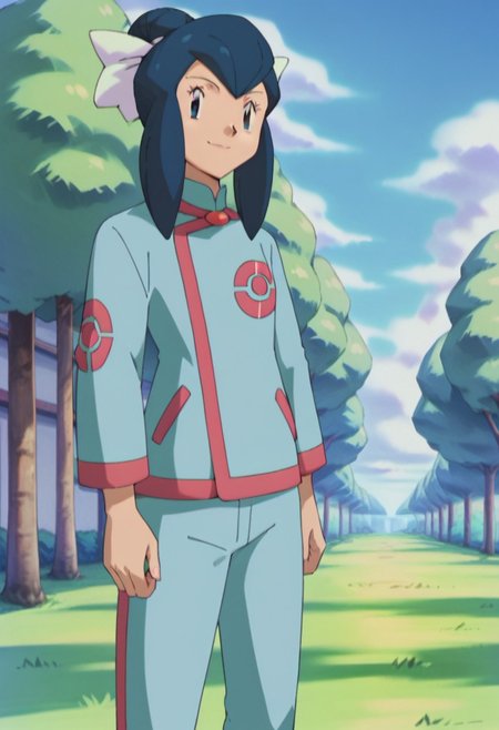score_9,score_8_up,score_7_up,score_6_up, easynegative, negative_hand, source_anime
trees, standing, happy smile, outdoors, 1girl, solo, grass, outdoors, nature, cowboy shot, upper body, looking at viewer
pkmnlizahoenn, 1girl, blue hair, hair bun, single hair bun, long hair, sidelocks, blue eyes, eyelashes
white hair ribbon, long sleeves, sky blue shirt, sky blue pants, blue shoes