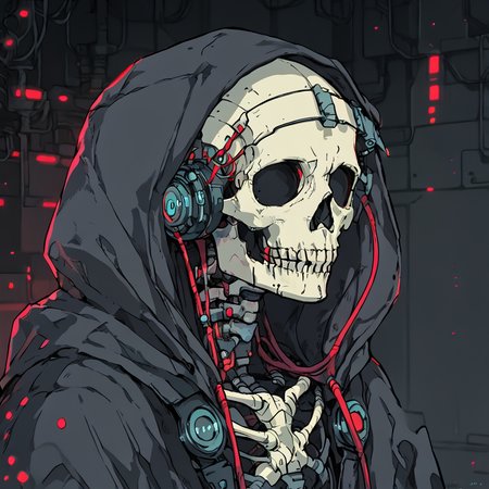 score_9,score_8_up,score_7_up,
The image is a digital illustration in a dark, futuristic style, depicting a skeletal figure with a cybernetic skull and torso. The figure is dressed in a dark, hooded cloak with a hood that covers its head, which features a cybernetic implant on the forehead. The hood is adorned with red accents and has a futuristic texture, suggesting advanced materials.
 <lora:halloween_x_cyberpunk-pony-9:0.8>