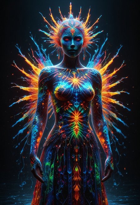 a full body fire entity with multicolored flames, professional photography of an fantastical warrior princess entirely made of cyberflies with whimsical elements, swirling magic, eerie fairytale landscape, elaborate fantasy style art, very colorful, intricate details, ultra sharp, exquisite detail, flawless composition, vivid colors, masterpiece, exciting background, TAS, TASvisuals, Psychedelic , Rave, Elaborate , Blacklight , Vibrant , cyberflies, black light paint, blp, Colorful Chaos Cracks and Drops, mad-glowtiedye, made out of,colorful,liquid,Murano Art Glass