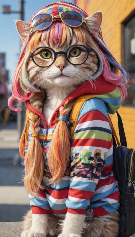 Hyperrealistic anthropomorphic  cat wearing blunt bangs wig, wearing semi-rimless eyewear,   wearing  stripe print urban clothing, smile,  high detail, dynamic composition, vibrant colors, intricate patterns, ultra-quality, street fashion, detailed textures, realistic fur, modern accessories, backpack, hoodie, realistic shadows, urban setting