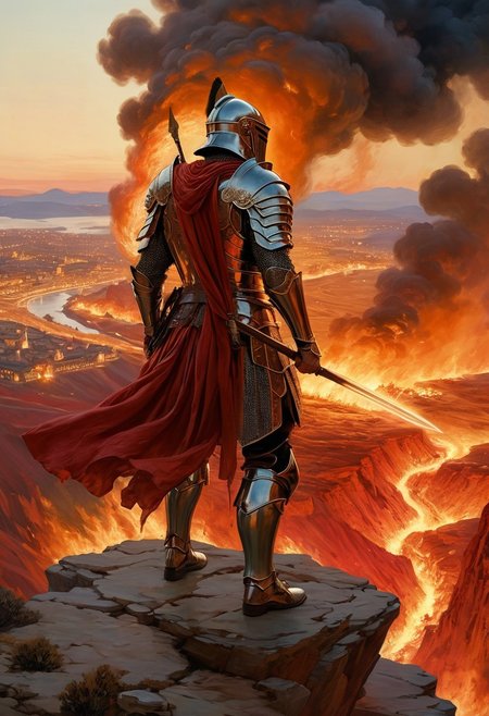 A legendary warrior standing on edge of cliff, overlooking a burning city.