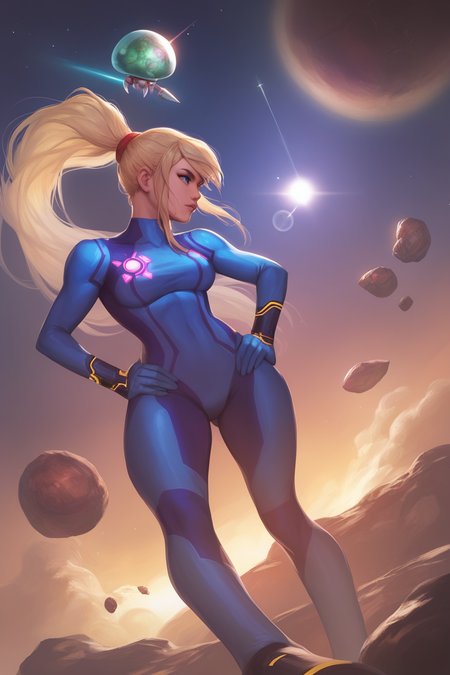 score_9, score_8_up, score_7_up, score_6_up, score_5_up, score_4_up, official art, 1girl, metroid prime, gravity suit, pose, looking away, poster, space, comet, rock, solar eclipse, lens flare, helmet off, long blonde hair, ponytail, purple power suit, blue eyes, hands on hips, lips, upper body, <lora:samus-xl-nvwls-v1:.6> defsamus,  <lora:Calmlike_V3:.8> calmfd,