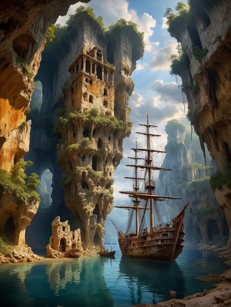 oil painting, Ship and Grotto, 34K uhd, masterpiece, high detail, 8k, intricate, detailed, high resolution, high res, high quality, <lora:add-detail-xl:1.8>, highly detailed, Extremely high-resolution details, fine texture,