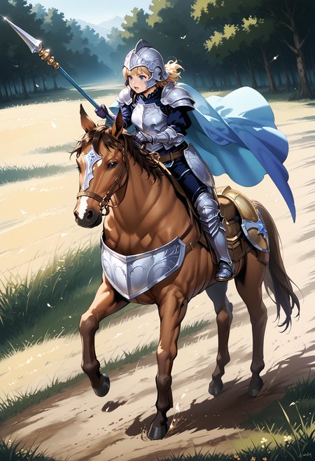 zPDXL3,extreme detailed,full_body BREAK nature,field,
<lora:Pony_DetailV2.0:1> BREAK 1girl,Cavalier,armor,cape,gloves,horse,horseback riding,helmet,(holding polearm:1.4),<lora:cavaliar-v3-pony:0.9>,fighting stance,charging forward,