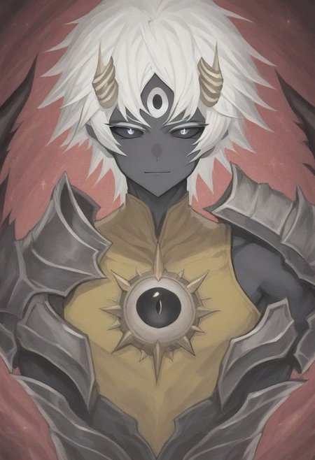 te'kharoth, third eye, tail, horns, short hair, white hair, black sclera, 1boy, silver eyes, sparkle, shoulder armor, upper body, fantasy, magical aura, golden tunic, holding, magical staff,