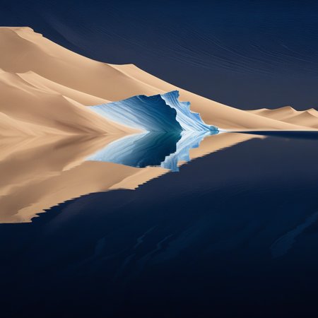 mirror-like body of water. The iceberg, likely a stylized illustration or graphic design, contrasting sharply with the deep blue water and the darker shadows they cast., This is a high-resolution photograph capturing a majestic, This image is a digital artwork depicting a stunning, characterized by a serene, This is a photograph of a breathtaking landscape featuring undulating sand dunes, showcasing the powerful and dynamic movement of the ocean. The water color gradient transitions from deep
