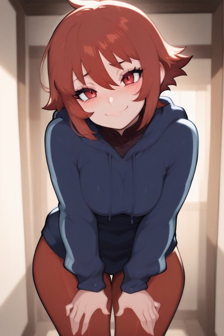 masterpiece, best quality, 1girl, solo, 21 year old model, eyelashes, (beautiful eyes),     ,,,zzArezu, solo, 1girl,  red hair, cowlick, red eyes, blue hoodie, hood, red pantyhose, gradient legwear,  <lora:ArezuPokemonIXL:1.0>, ,,, smile, looking at viewer, leaning forward, head tilt, blush,,,  <lora:AfrobullIXL_v1:1.0>, <lora:ZankuroIXLLight_v2:0.6>, <lora:v4_noobEv10:0.8>, <lora:BETTER_NTRMIX:0.5>,